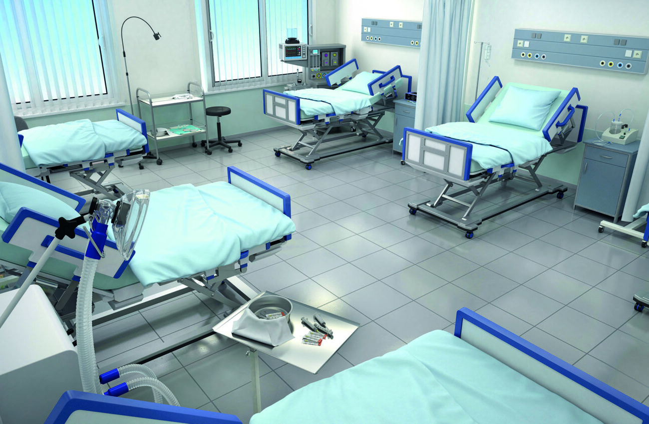 hospital room with beds in blue tones. 3d illustration