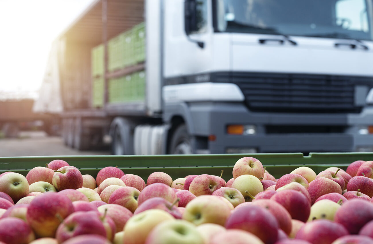 Fruit and food distribution. Truck loaded with containers full o