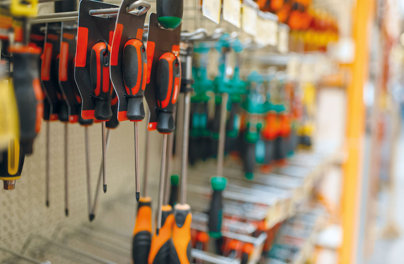 Hardware store assortment, shelf with screwdrivers